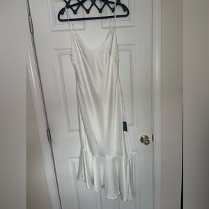 Lulu’s Strictly Romance White Satin Asymmetrical Tiered Midi dress
